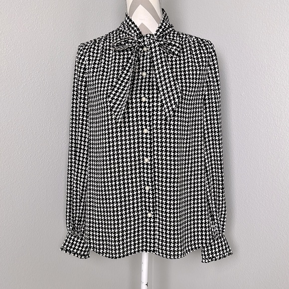 Kate Spade Houndstooth Dashing Beauty neck tie blouse black & white size Small - Picture 4 of 13